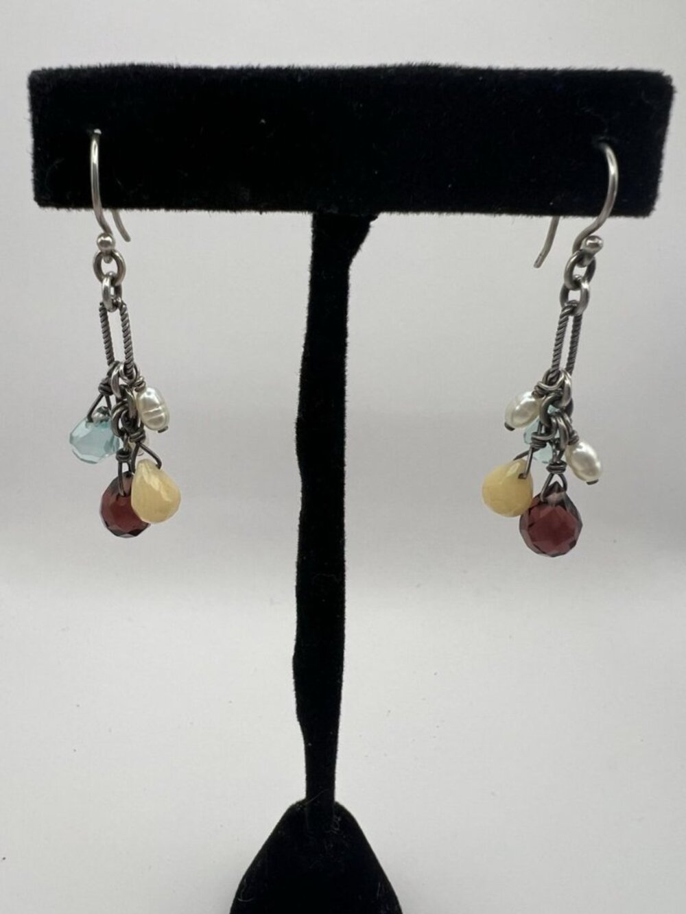 Sundance Sterling Silver Multi Stone Dangle Earrings Blue Topaz Pearl Cluster 2"